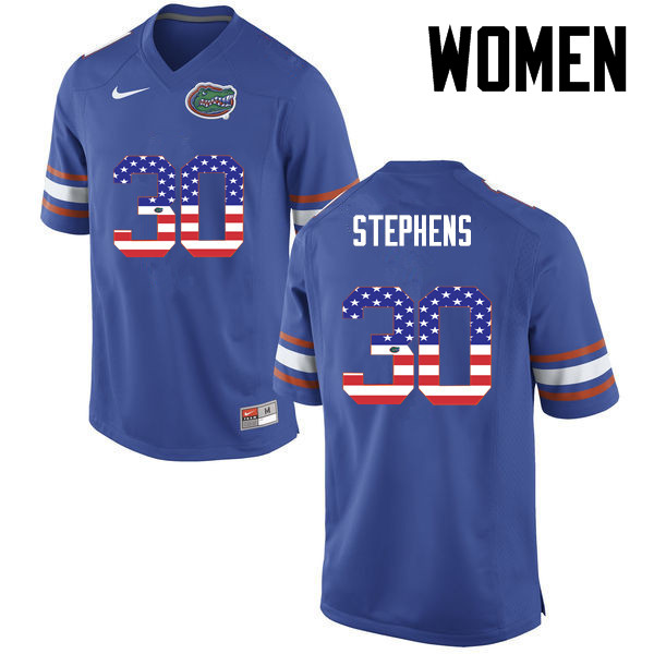 Women Florida Gators #30 Garrett Stephens College Football USA Flag Fashion Jerseys-Blue